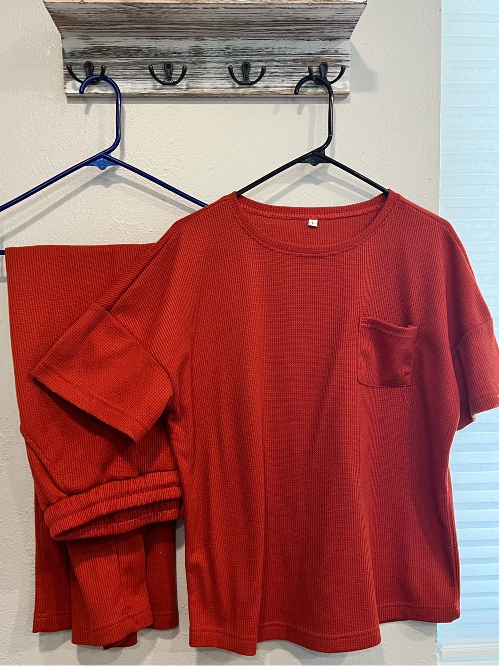 Rust Waffle Knit Lounge Set - Short Sleeve Top + Pants